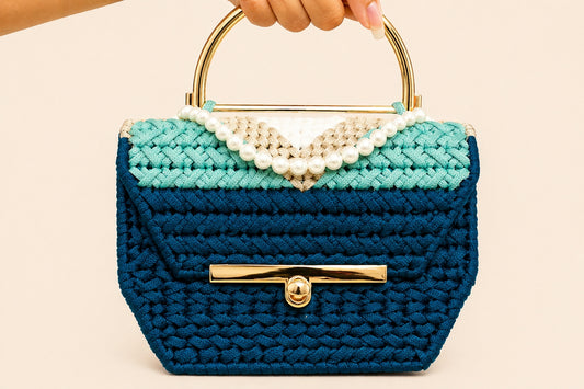 WholEmollient Atelier The I. Collection Emerald Tide — front view, deep teal to cream white ombré cord bag with gold hardware
